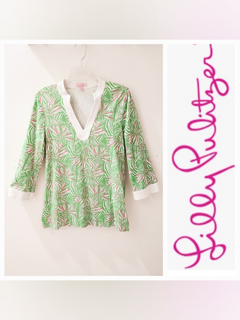 Lilly Pulitzer Renato Tunic Top Split Neck Green/pink Daisey Darling Sz Small